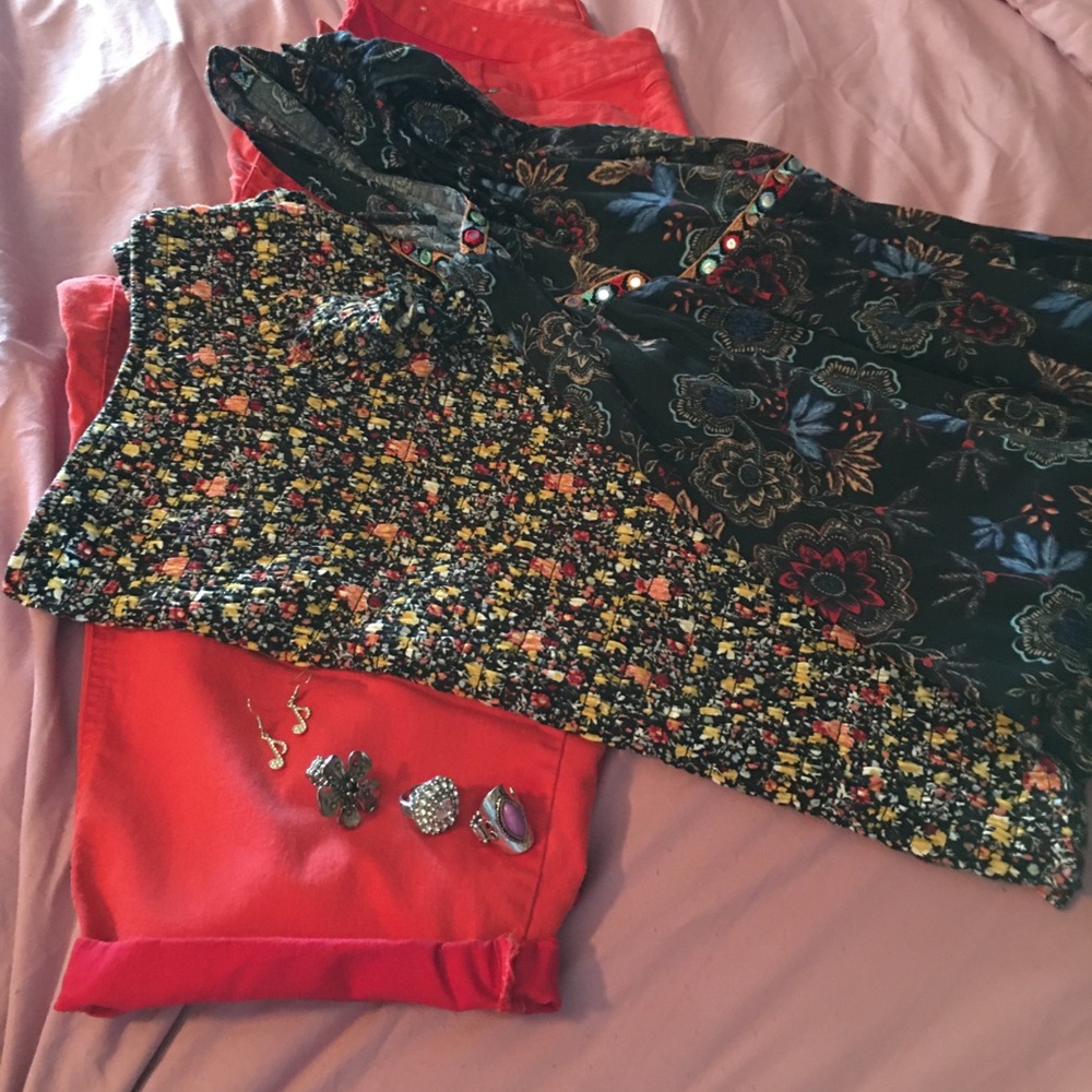 Capris and two tops. 3 rings and 1 pair of earrings